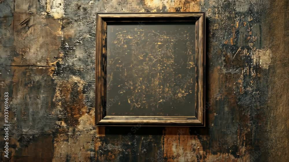 A dark wooden frame hangs on a textured wall in a dimly lit room