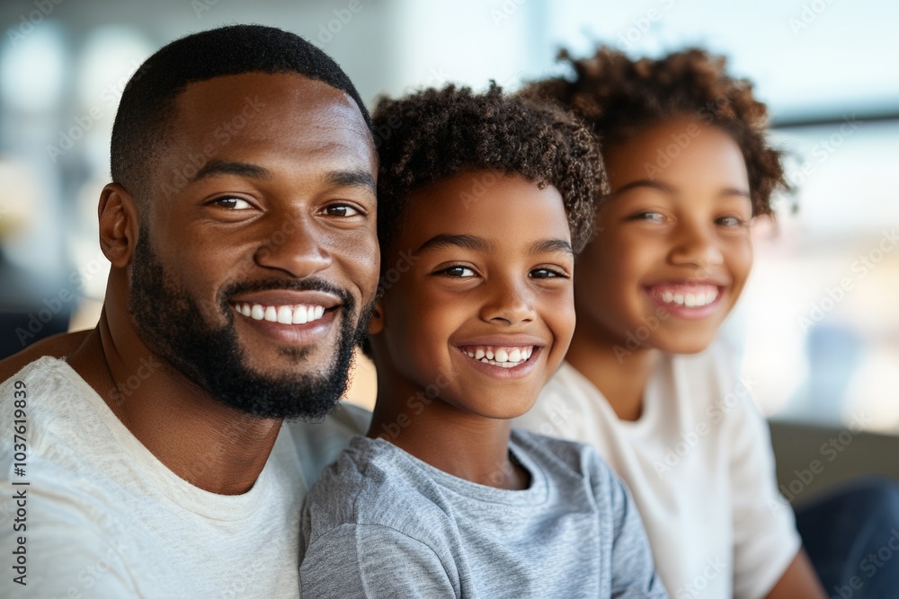 A joyful family moment captured with a smiling father surrounded by his two children, projecting happiness and familial love in a warm, sunlit setting. A joyful family moment captured with a smiling father surrounded by his two children, projecting happiness and familial love in a warm, sunlit setting.