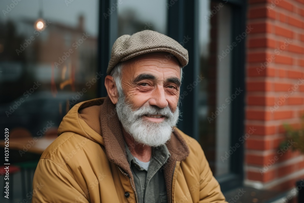 portrait of senior man in cap and jacket looking at camera on street portrait of senior man in cap and jacket looking at camera on street