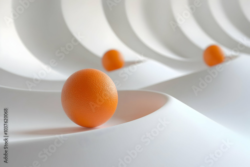 3d cartoon illustration of spheres rolling through a minimalistic pathway, with a focus on a single orange ball amidst twisting loops    photo