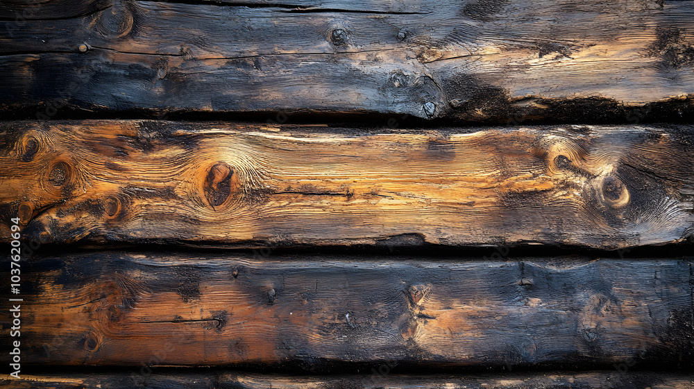 Close-Up of Rustic Wooden Planks with Natural Grain and Burnt Texture, Highlighting the Beauty of Aged Timber Close-Up of Rustic Wooden Planks with Natural Grain and Burnt Texture, Highlighting the Beauty of Aged Timber