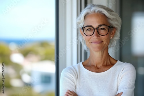 Free Download A sophisticated, mature woman with gray hair and glasses stands by a large window, exuding elegance and wisdom, with scenic views in the background. - GFXLoad