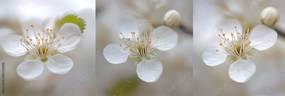 Three Close-Up Views of Delicate White Spring Blossoms in Various Stages of Bloom on a Softly Blurred Background Three Close-Up Views of Delicate White Spring Blossoms in Various Stages of Bloom on a Softly Blurred Background