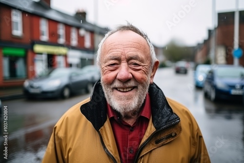 Portrait of an old man in a raincoat on the street