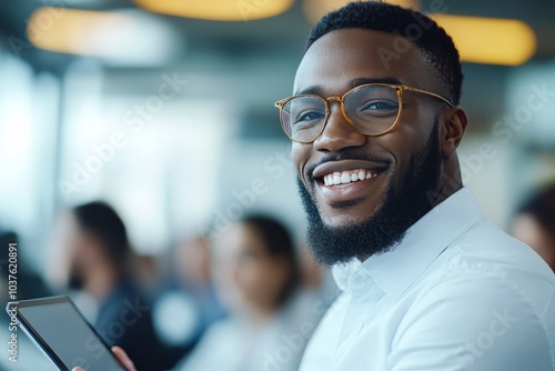 A confident man holding a smartphone, smiling brightly, sits in a bustling office environment, embodying positivity, professionalism, and modern business culture.