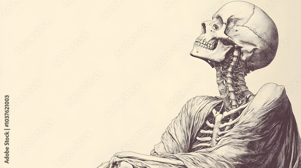 Fototapeta premium Detailed Anatomical Illustration of a Human Skeleton Looking Up, Displaying Bone Structure and Musculature