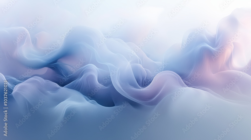Fototapeta premium Soft pastel abstract artwork depicting flowing, cloud-like shapes in tranquil hues, evoking the calm of a foggy morning atmosphere