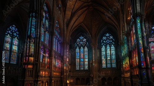 A view inside a church with stained glass windows casting colorful light.