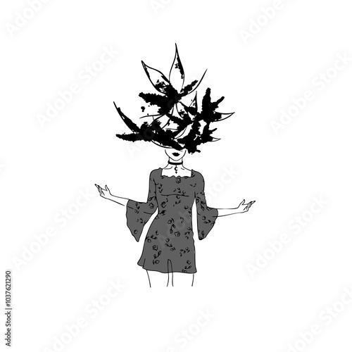 female silhouette wearing a floral dress abstract illustration with autumn leaves