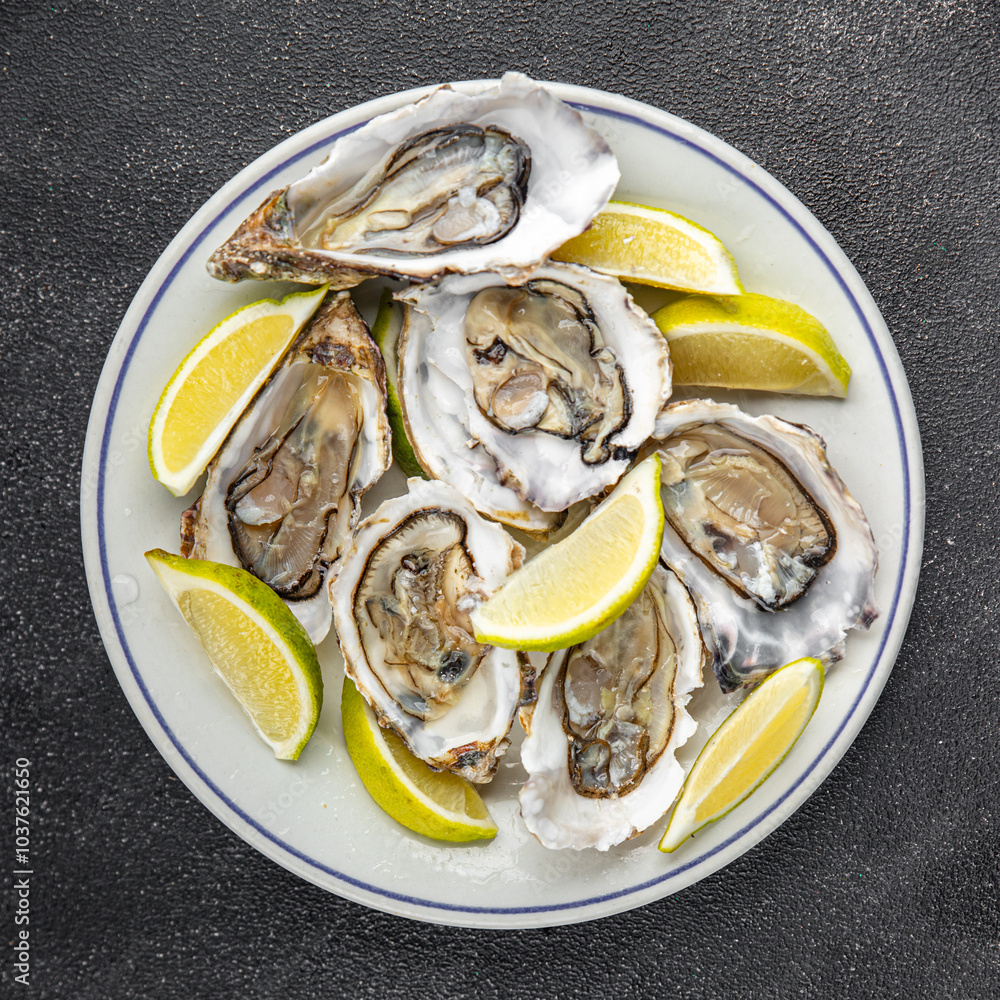 Oysters fresh seafood tasty food dish Fresh delicious gourmet food background on the table rustic food top view copy space top view pescetarianism diet Oysters fresh seafood tasty food dish Fresh delicious gourmet food background on the table rustic food top view copy space top view pescetarianism diet