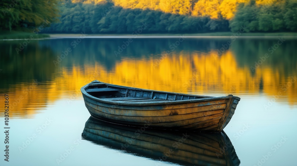 Obraz premium A rustic wooden boat floating peacefully on a serene lake surrounded by autumn trees.