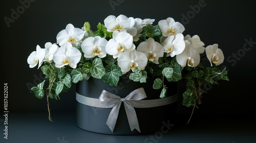 An elegant arrangement of white orchids with ivy in a black hat box, ideal for formal occasions and refined décor