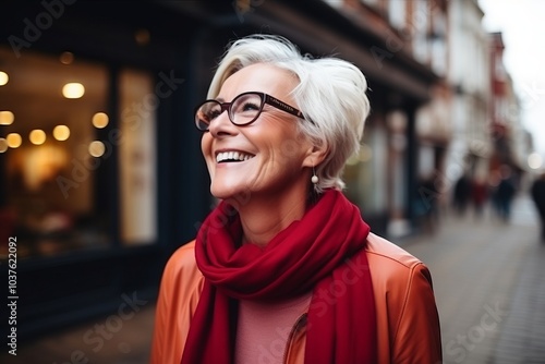 Portrait of a happy senior woman in glasses and a red scarf