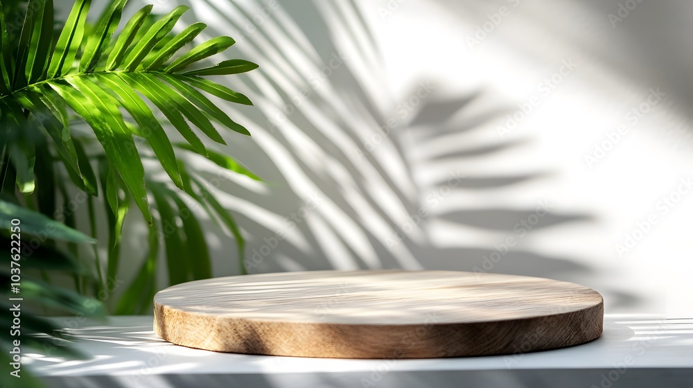 Natural wood podium surrounded by vibrant green foliage, ideal for presentations and displays. Natural wood podium surrounded by vibrant green foliage, ideal for presentations and displays.