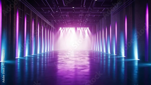 A long hallway with rows of blue and purple lights on the walls. The lights reflect off the wet floor, creating a dazzling display