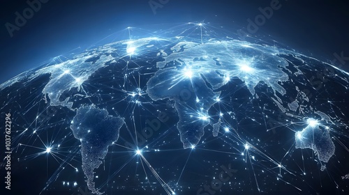 A glowing blue world map with continents outlined in white, with dark blue ocean and abstract energy lines.