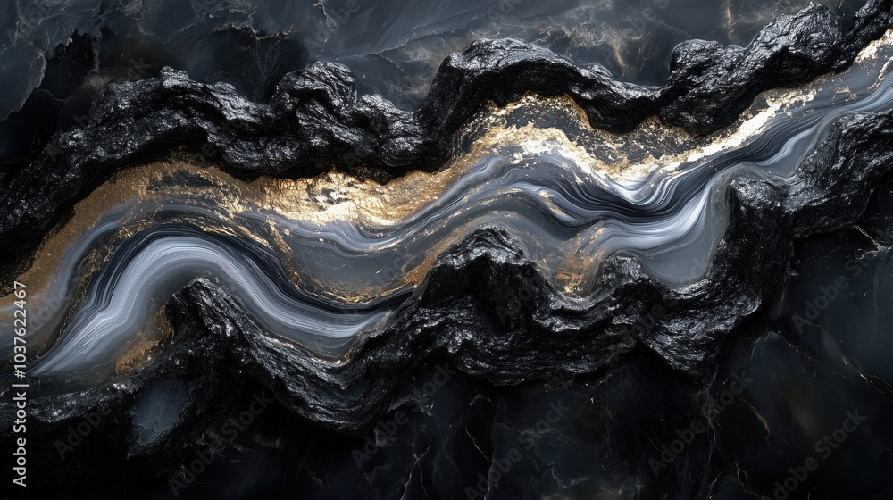 Fototapeta premium Captivating epoxy resin artwork showcases a striking interplay of obsidian black and platinum silver swirling patterns