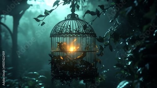 A whimsical birdcage glowing in a mystical forest a journey through enchantment and nature's secrets