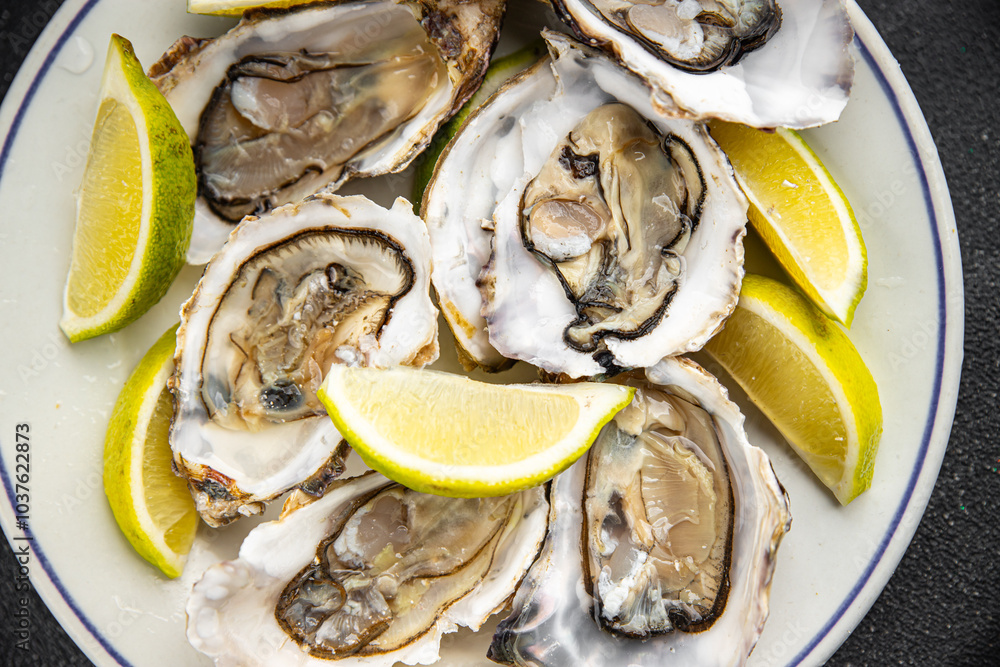 Oysters fresh seafood tasty food dish Fresh delicious gourmet food background on the table rustic food top view copy space top view pescetarianism diet Oysters fresh seafood tasty food dish Fresh delicious gourmet food background on the table rustic food top view copy space top view pescetarianism diet
