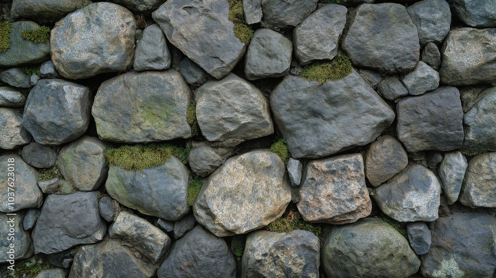 Fototapeta premium A rustic cobblestone wall showcasing rounded stones and lush moss, reflecting history and nature’s artistry in earthy tones