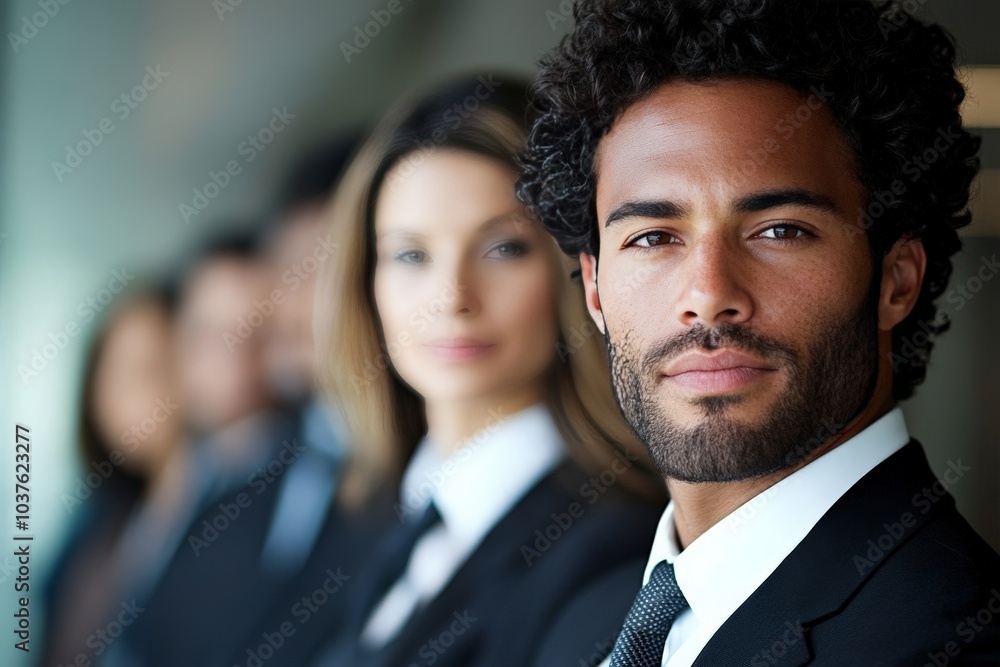 A confident businessman in sharp focus stands out among blurred colleagues, illustrating leadership and focus within the corporate world setting. A confident businessman in sharp focus stands out among blurred colleagues, illustrating leadership and focus within the corporate world setting.