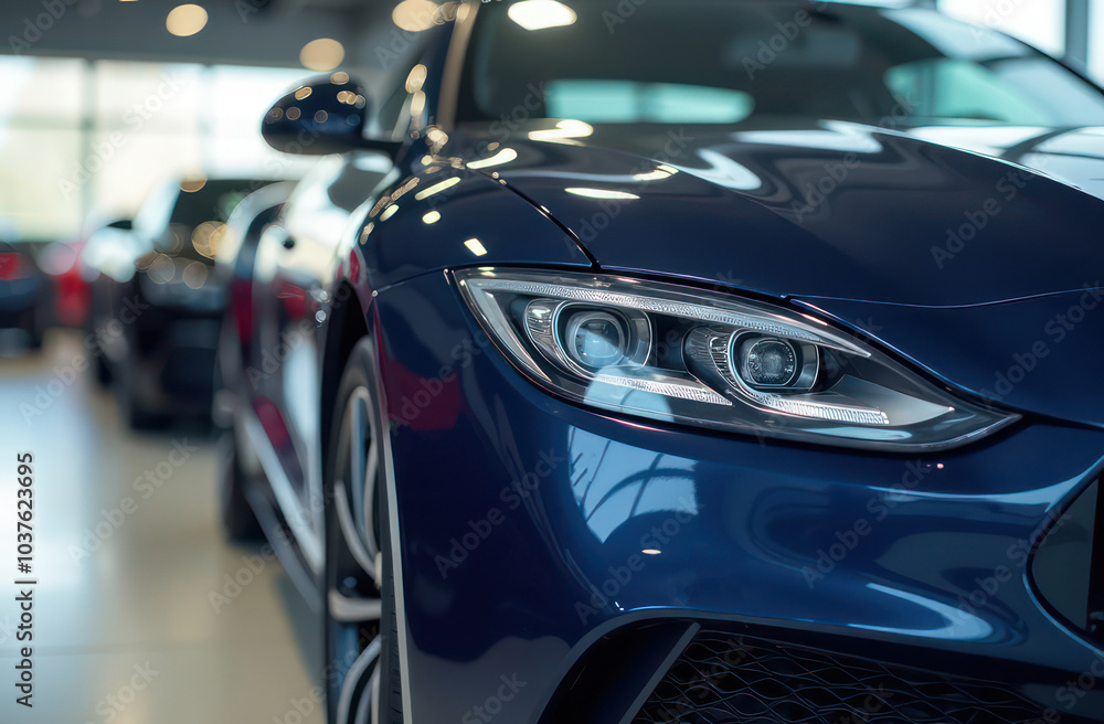 a close up view of a shiny blue car in a showroom with other vehicles in the background a close up view of a shiny blue car in a showroom with other vehicles in the background