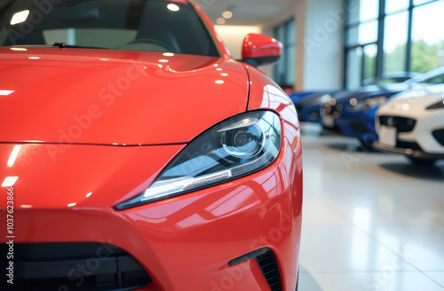 a close up view of a shiny coral car in a showroom with other vehicles in the background