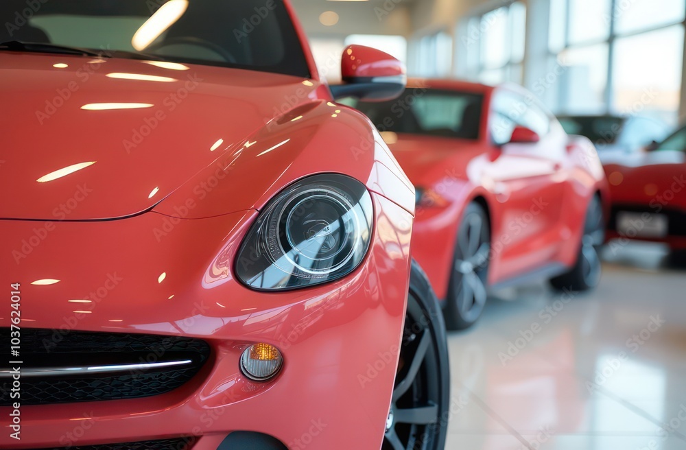 a close up view of a shiny coral car in a showroom with other vehicles in the background a close up view of a shiny coral car in a showroom with other vehicles in the background