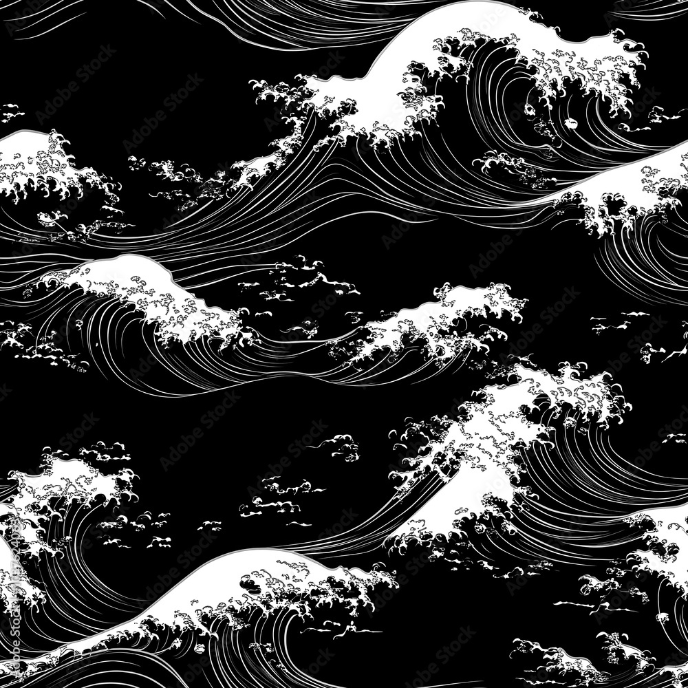black and white vector illustration, seamless repeating pattern tile : The Great Wave off Kanagawa black and white vector illustration, seamless repeating pattern tile : The Great Wave off Kanagawa