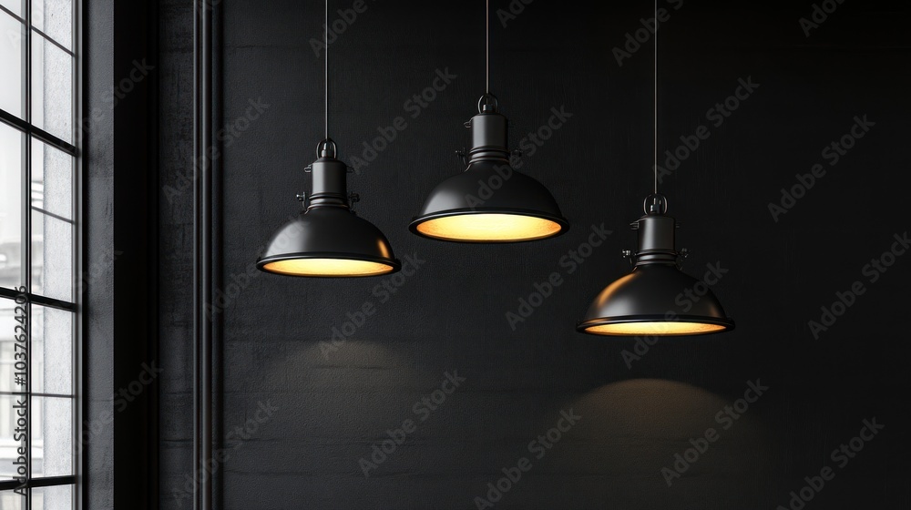 Three industrial-style pendant lights illuminate a dark wall in a modern interior setting. Three industrial-style pendant lights illuminate a dark wall in a modern interior setting.