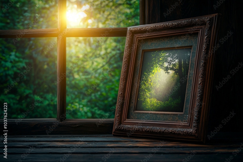 Fototapeta premium Antique Frame with Faded Photograph of a Forest