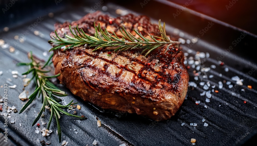 Closeup of a perfectly grilled steak, showcasing its juicy texture and charred surface, ideal for a gourmet barbecue dinner Closeup of a perfectly grilled steak, showcasing its juicy texture and charred surface, ideal for a gourmet barbecue dinner