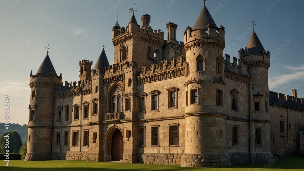 A majestic stone castle with multiple towers and a large arched entrance stands against a clear blue sky. A majestic stone castle with multiple towers and a large arched entrance stands against a clear blue sky.