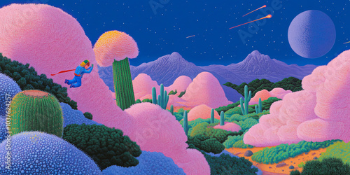 A surreal cosmic garden where giant flowering cacti float in space, their vibrant pink blooms unfurling like nebulae.