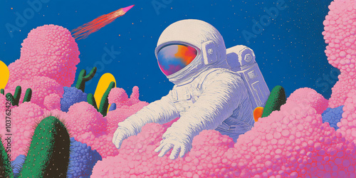 A surreal cosmic garden where giant flowering cacti float in space, their vibrant pink blooms unfurling like nebulae.