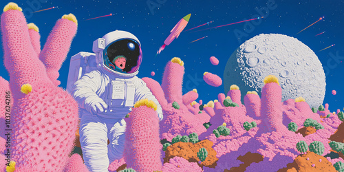A surreal cosmic garden where giant flowering cacti float in space, their vibrant pink blooms unfurling like nebulae.
