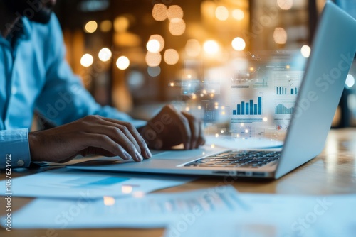 An individual works on a laptop with glowing data projections, depicting modern data visualization techniques and professional productivity in a stylish setting. photo