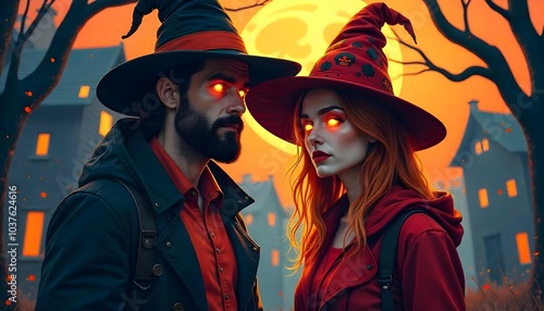 Witch & Wizard Couple | A stylish witch and wizard couple in Halloween costumes with glowing eyes, set against a spooky orange backdrop. Ideal for Halloween projects, fantasy art, and character design