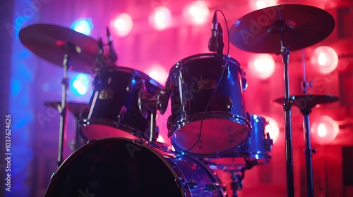 A close up of a drum kit with a blue and red background