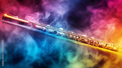 A silver flute is shown in a colorful background with smoke photo