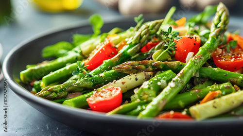 Fresh asparagus salad healthy, vibrant diet vegetable closeup, nutrition lunch dinner meal, wholesome food green plate, seasonal vegetarian delight