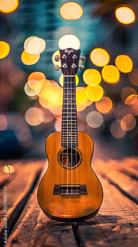 Fototapeta premium A small guitar is sitting on a wooden surface