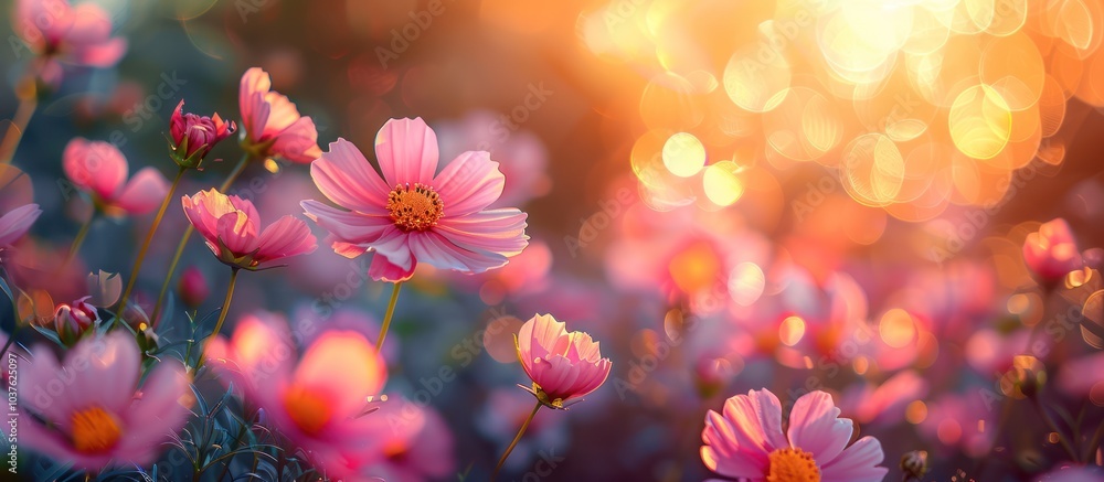 Pink cosmos flowers blooming in a field with a warm, sun-drenched backdrop. Pink cosmos flowers blooming in a field with a warm, sun-drenched backdrop.