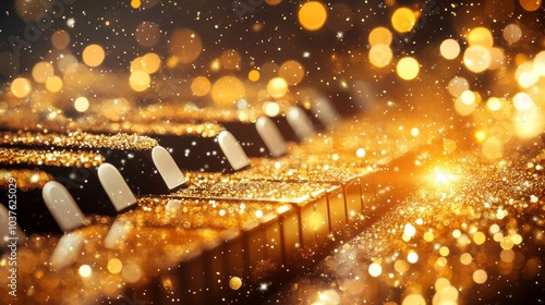 A piano with gold keys and a lot of glitter on it