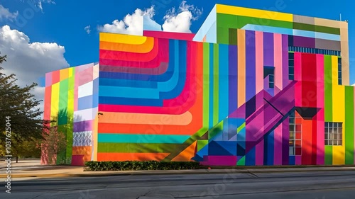 A brightly colored building in a city with a mural depicting colorful geometric shapes