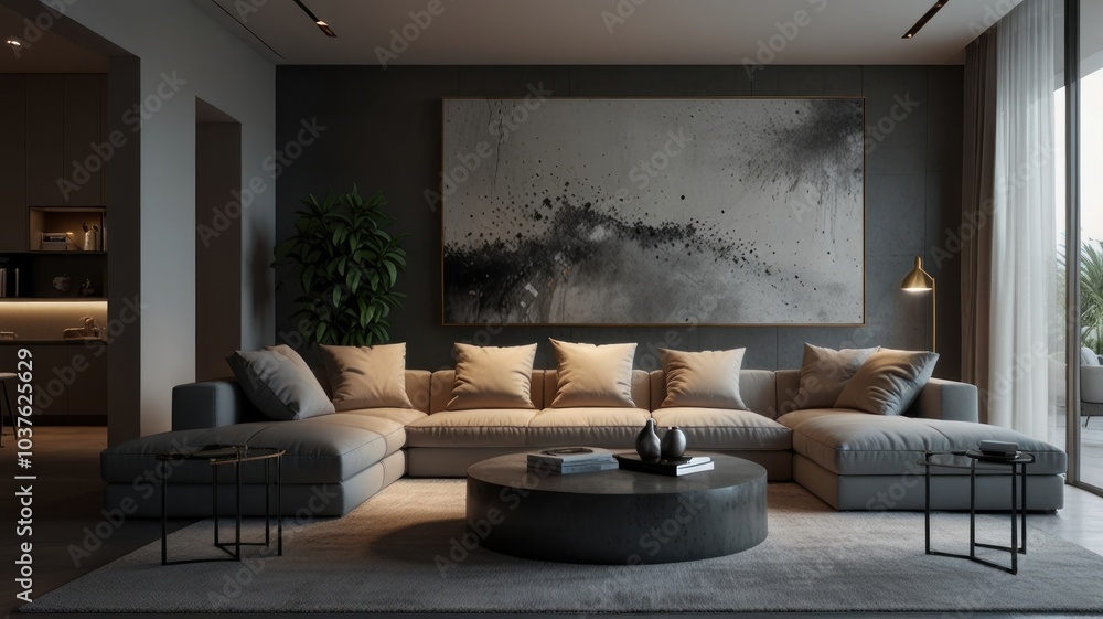 Fototapeta premium living room with elegance and diversity of modern gray color palette. The sofa is upholstered in a luxurious gray fabric. The minimalist design of the room evokes a sense of calm and sophistication.
