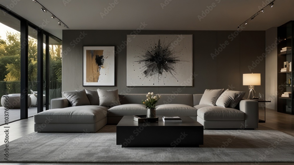 Fototapeta premium living room with elegance and diversity of modern gray color palette. The sofa is upholstered in a luxurious gray fabric. The minimalist design of the room evokes a sense of calm and sophistication.