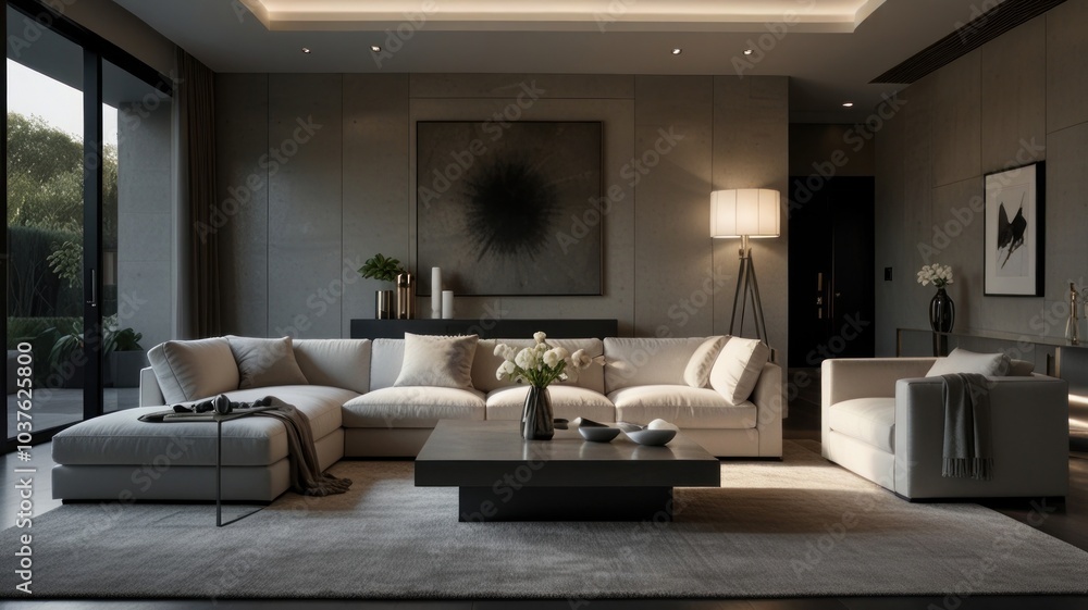 living room with elegance and diversity of modern gray color palette. The sofa is upholstered in a luxurious gray fabric. The minimalist design of the room evokes a sense of calm and sophistication. living room with elegance and diversity of modern gray color palette. The sofa is upholstered in a luxurious gray fabric. The minimalist design of the room evokes a sense of calm and sophistication.