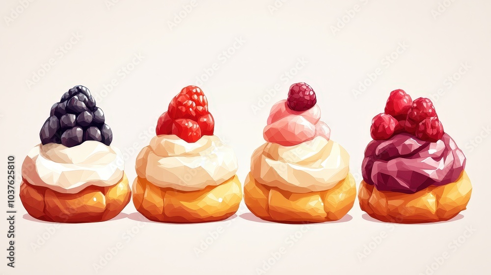 Delightful Profiteroles - Set of 4 Playful Low Poly Game Icons in Minimalist Style Delightful Profiteroles - Set of 4 Playful Low Poly Game Icons in Minimalist Style
