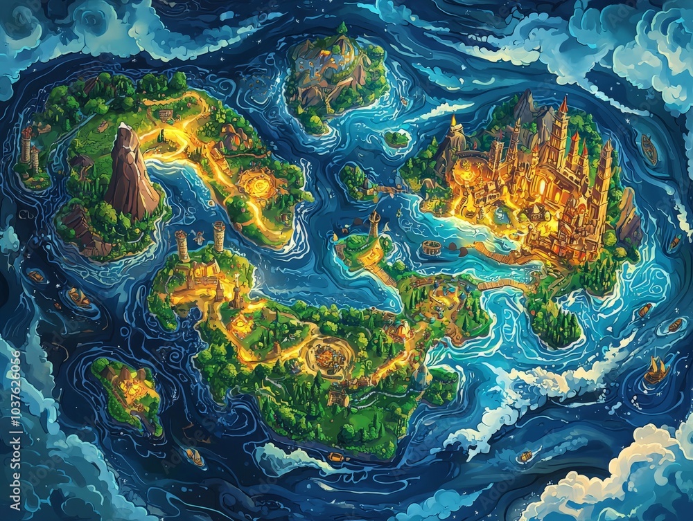 Magical Continental Illustration with Glowing Elements Magical Continental Illustration with Glowing Elements